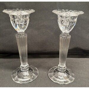 Pair Of Vintage Candle Stick Holders Crystal Clear Glass 6.5” Tall W/ drip edge